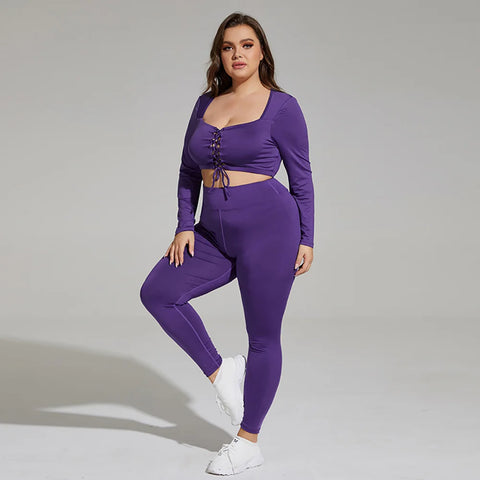 Plus Size Long Sleeve Two Pieces Sets Women Fitness Suit Female Casual Tops Long Pants Xl 2xl 3xl