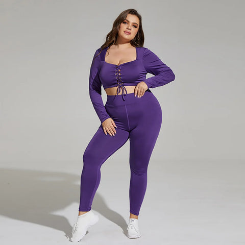 Plus Size Long Sleeve Two Pieces Sets Women Fitness Suit Female Casual Tops Long Pants Xl 2xl 3xl